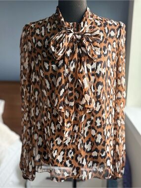 Diane von Furstenberg DVF Brown, Black & Cream Leopard Print Blouse Tie Front